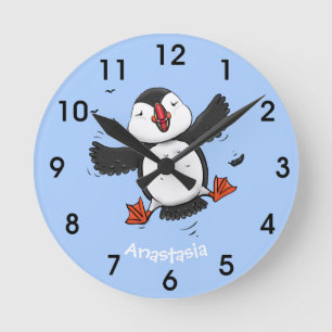 Cute happy fly puffin blue cartoon illustratie ronde klok