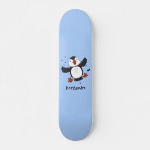 Cute happy fly puffin blue cartoon illustratie skateboard