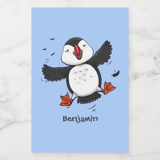 Cute happy fly puffin blue cartoon illustratie voedselcontainer etiket (Enkel label)