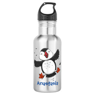Cute happy fly puffin blue cartoon illustratie waterfles 