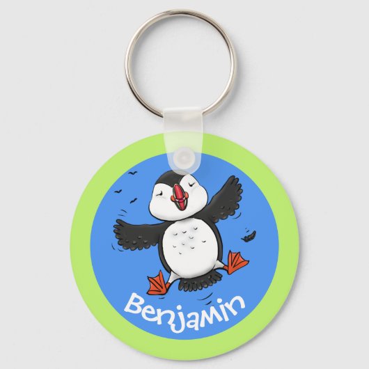 Cute happy fly puffin cartoon illustratie sleutelhanger (Voorkant)