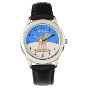 Cute happy glimlach camel cartoon illustratie horloge