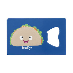 Cute happy glimlach taco cartoon illustratie kredietkaart flessenopener