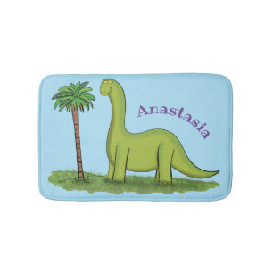 Cute happy green brontosaurus dinosaur cartoon badmat