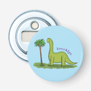 Cute happy green brontosaurus dinosaur cartoon button flesopener