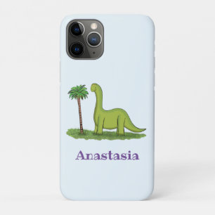 Cute happy green brontosaurus dinosaur cartoon iPhone 11 pro hoesje