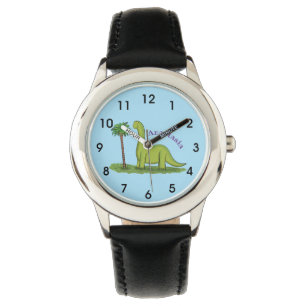 Cute happy green brontosaurus dinosaur cartoon horloge