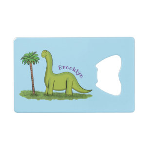 Cute happy green brontosaurus dinosaur cartoon kredietkaart flessenopener
