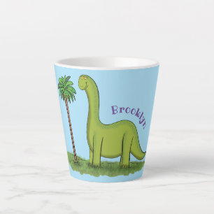 Cute happy green brontosaurus dinosaur cartoon latte mok