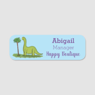 Cute happy green brontosaurus dinosaur cartoon naamplaatje