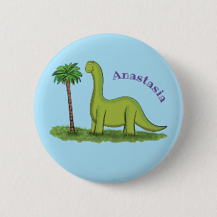 Cute happy green brontosaurus dinosaur cartoon ronde button 5,7 cm