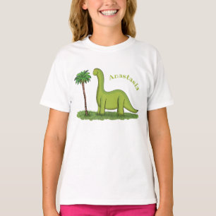 Cute happy green brontosaurus dinosaur cartoon t-shirt