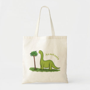 Cute happy green brontosaurus dinosaur cartoon tote bag