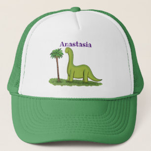 Cute happy green brontosaurus dinosaur cartoon trucker pet