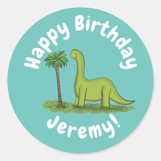 Cute happy green brontosaurus dinosaur ronde sticker (Voorkant)