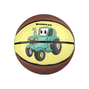 Cute happy green tractor cartoon basketbal