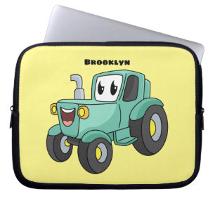Cute happy green tractor cartoon laptop sleeve