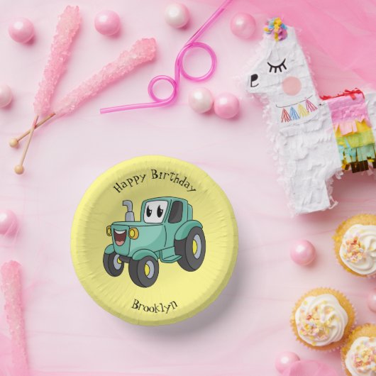 Cute happy green tractor cartoon papieren kommen (Feest)