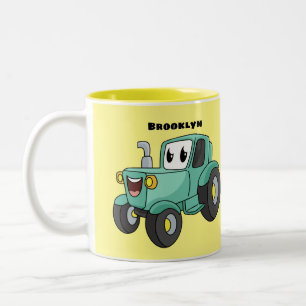 Cute happy green tractor cartoon tweekleurige koffiemok