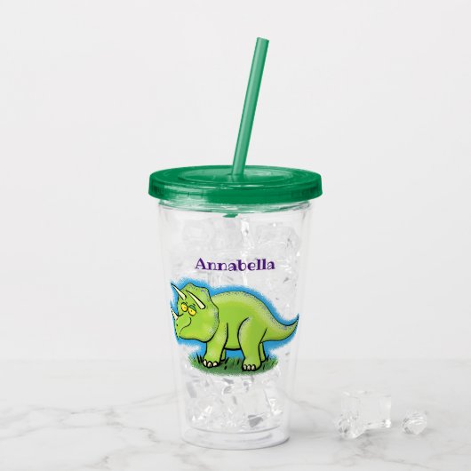 Cute happy green triceratops dinosaur cartoon acryl drinkbeker (Achterkant ijs)