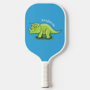Cute happy green triceratops dinosaur cartoon pickleball paddle