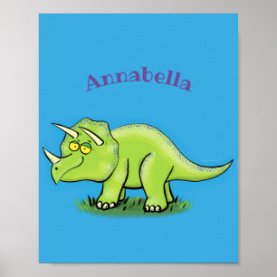 Cute happy green triceratops dinosaur cartoon poster