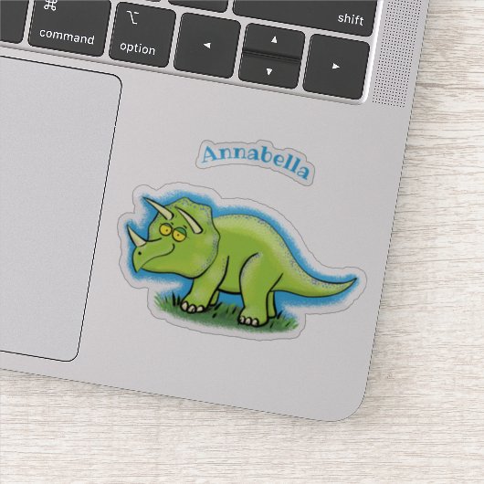 Cute happy green triceratops dinosaur cartoon sticker (Detail)