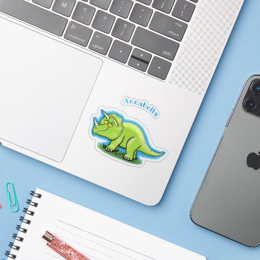 Cute happy green triceratops dinosaur cartoon sticker (Laptop met iPhone)