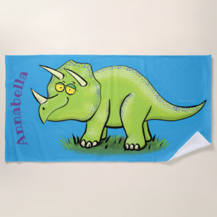 Cute happy green triceratops dinosaur cartoon strandlaken