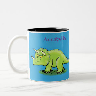 Cute happy green triceratops dinosaur cartoon tweekleurige koffiemok