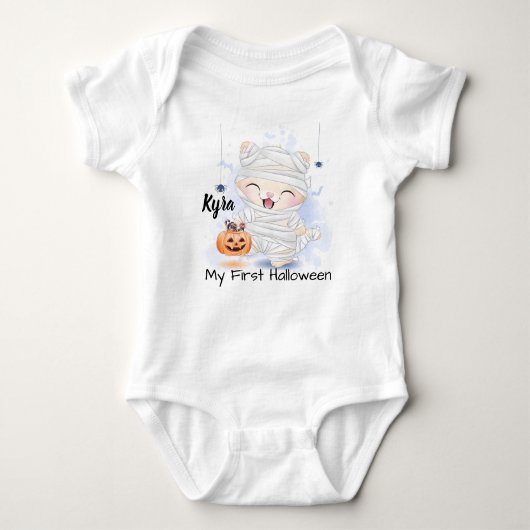 Cute Happy Halloween Mummy Kitten en Pumpkin Romper (Voorkant)