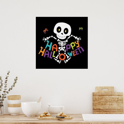 Cute Happy Halloween Skeleton Poster (Keuken)