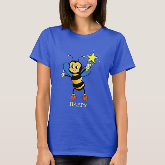 Cute Happy Honey Bee met Star op Sky Blue T-shirt (Voorkant)