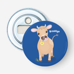 Cute happy jersey koe and flower cartoon button flesopener