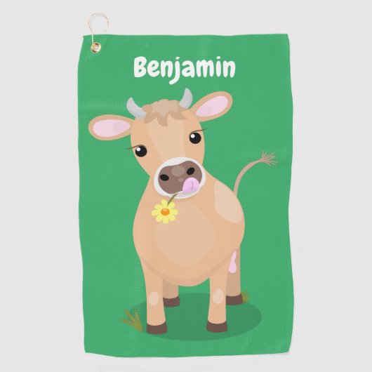 Cute happy jersey koe and flower cartoon golfhanddoek (Voorkant)