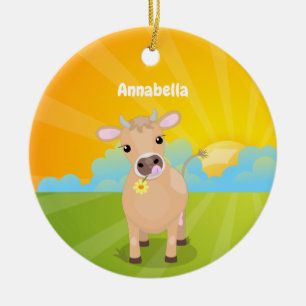 Cute happy jersey koe and flower cartoon keramisch ornament