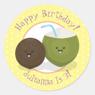 Cute happy kawaii coconuts cartoon illustratie ronde sticker