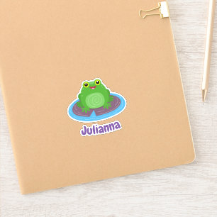 Cute happy kawaii green frog cartoon sticker
