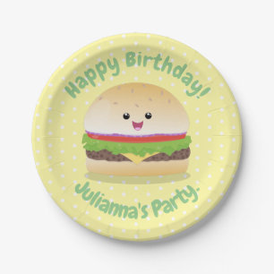 Cute happy kawaii hamburger cartoon papieren bordje