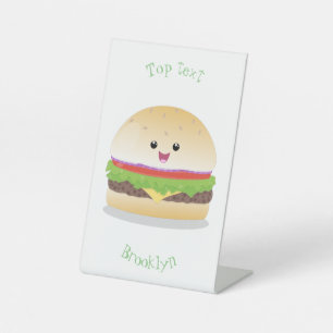 Cute happy kawaii hamburger cartoon reclamebord met voetstuk