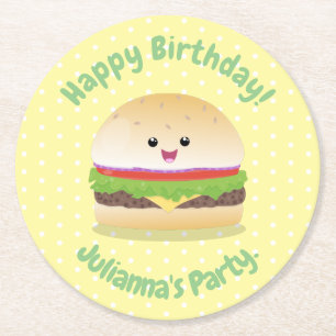 Cute happy kawaii hamburger cartoon ronde kartonnen onderzetter