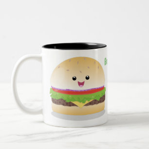 Cute happy kawaii hamburger cartoon tweekleurige koffiemok