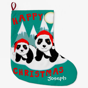 Cute Happy Kerstmis Panda-Beren gepersonaliseerd Grote Kerstsok