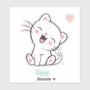 Cute Happy Kitty Cat & Heart Sticker