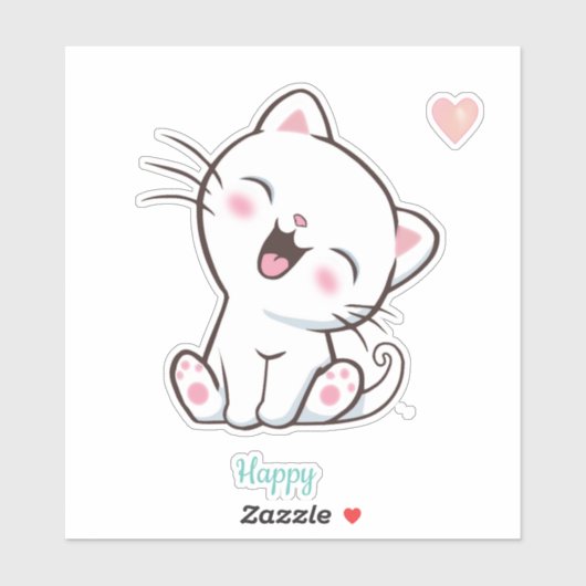 Cute Happy Kitty Cat & Heart Sticker (Vel)