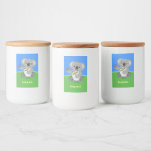 Cute happy koala waving cartoon illustratie voedselcontainer etiket