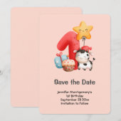 Cute Happy Koe 1e verjaardag Save The Date (Voorkant / Achterkant)