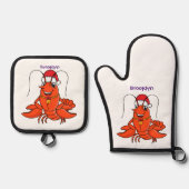 Cute happy lobster met kerstpet cartoon ovenwant & pannenlap set (Voorkant)