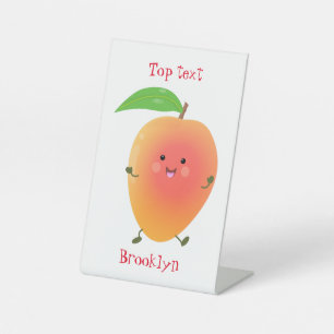 Cute happy mango yellow cartoon illustratie reclamebord met voetstuk