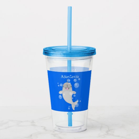 Cute happy narwhal bubbles cartoon illustratie acryl drinkbeker (Voorkant)